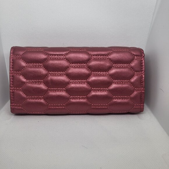 Women's Wallet Faux Leather Long Card Holder Pockets Quilted Look Rose Pink Gold - Picture 3 of 9